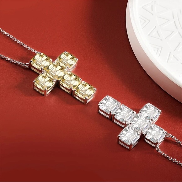 Simulated Diamond Cross 925 Silver Necklace - Picture 9 of 10